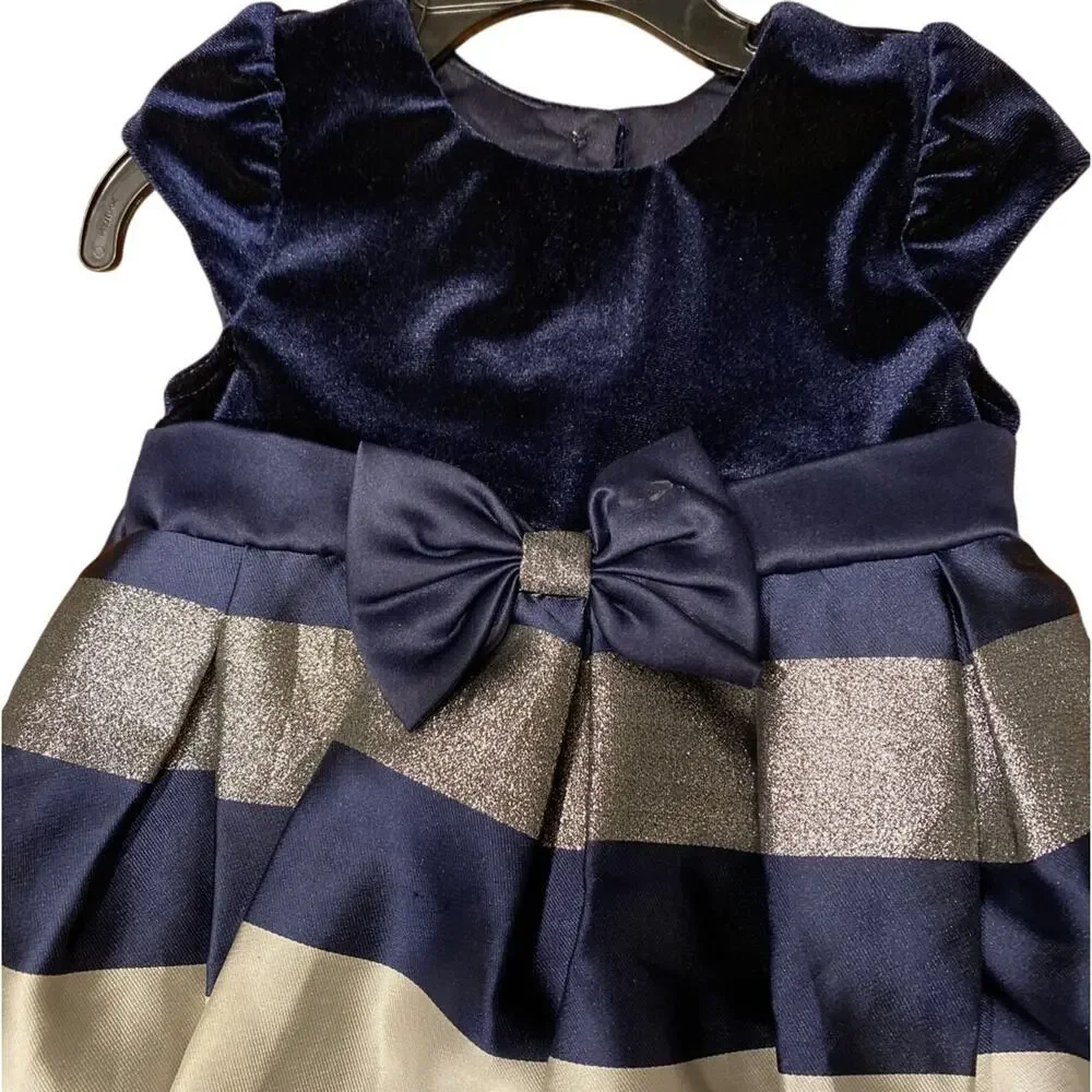 Jona Michelle Girls Special Occasion Blue Velvet Striped A Line Dress